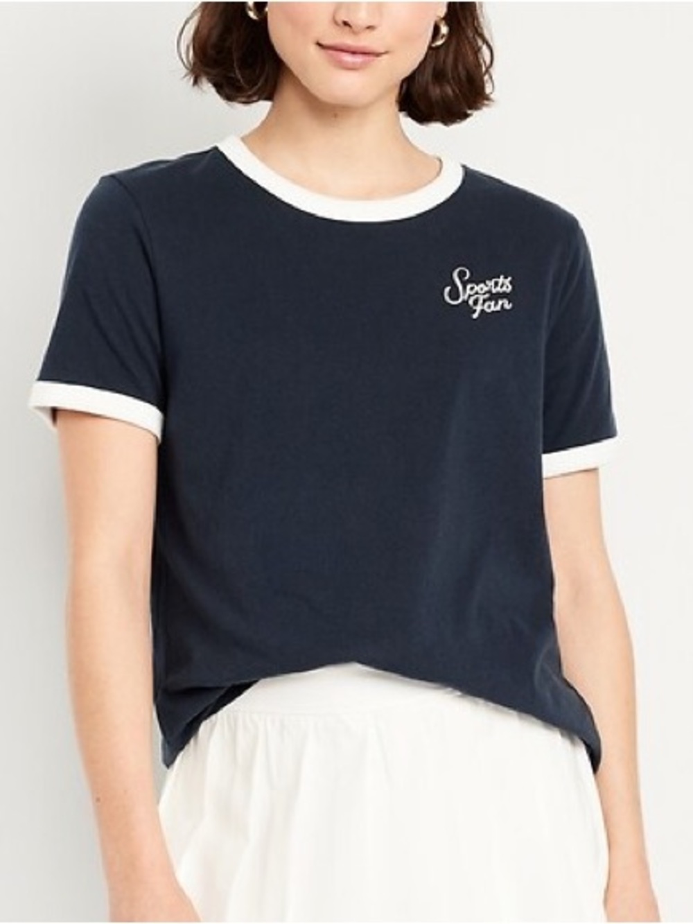 Classic Black Ringer Tee White Trim ‘Sports Fan’ Embroidered Script, Small